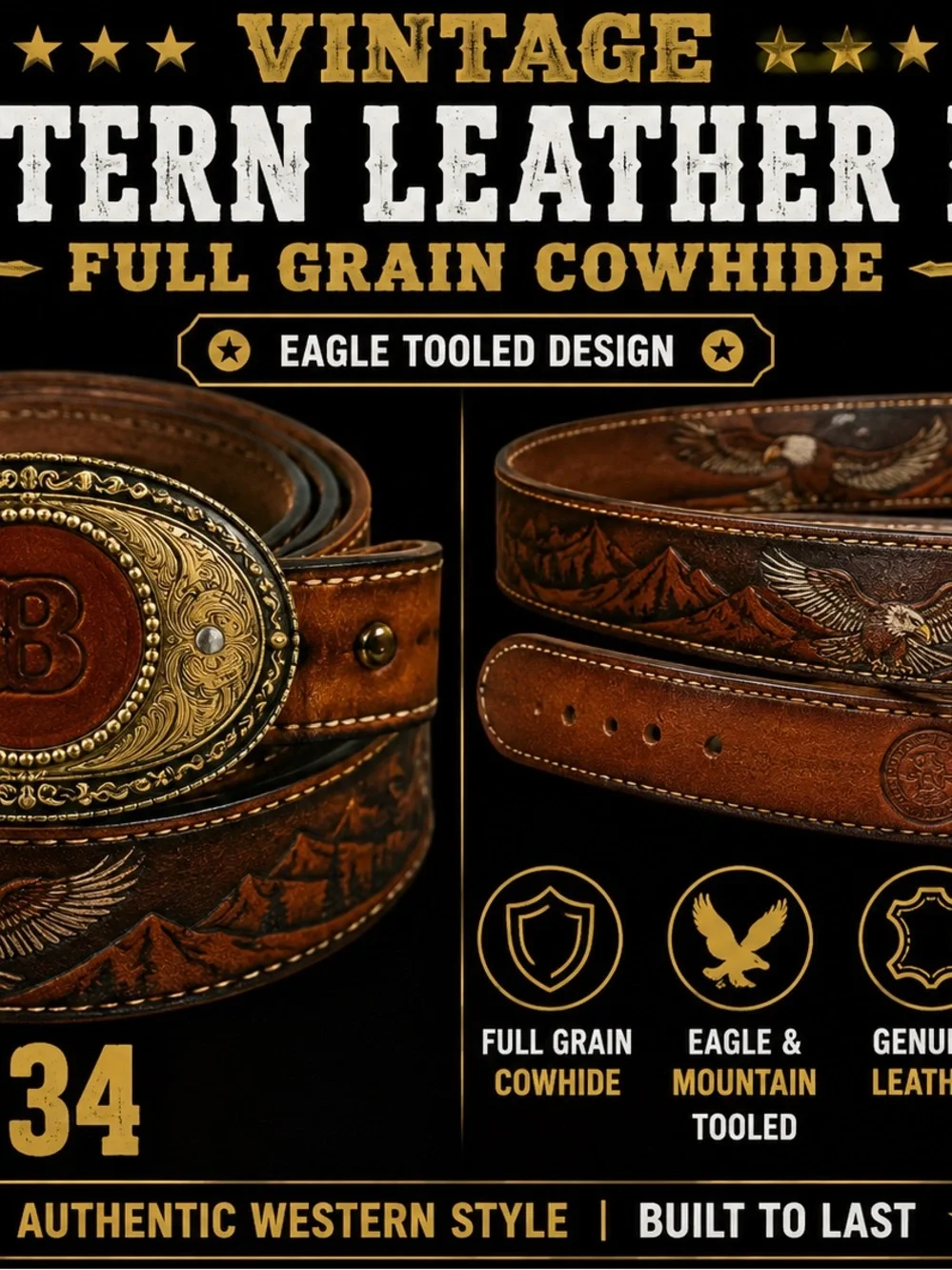 Vintage Western Full Grain Cowhide Belt in Rich Brown
